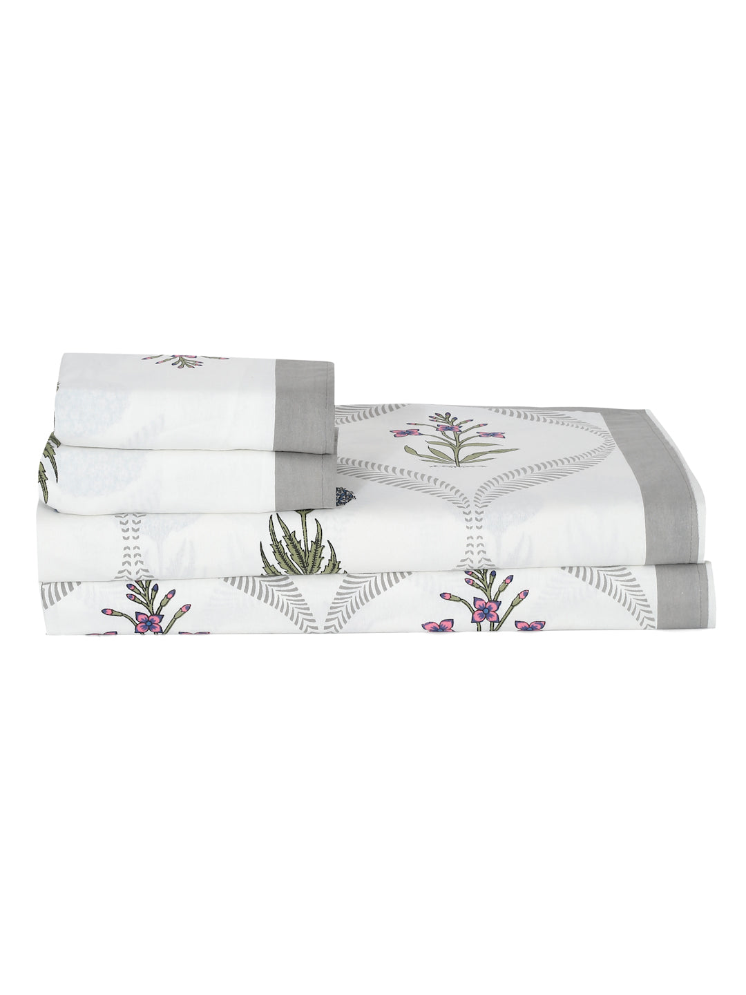 Rajasthan Decor Floral Print White and Green King Size Bed Sheet with 2 Pillow Covers