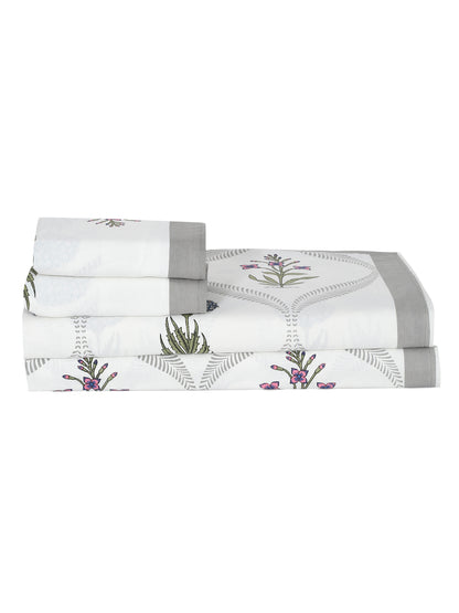 Rajasthan Decor Floral Print White and Green King Size Bed Sheet with 2 Pillow Covers