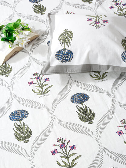 Rajasthan Decor Floral Print White and Green King Size Bed Sheet with 2 Pillow Covers