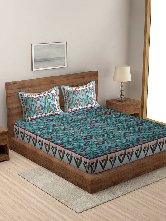 Rajasthan Decor Bottle Green Floral Print Cotton King Bed Sheet with 2 Pillow Covers
