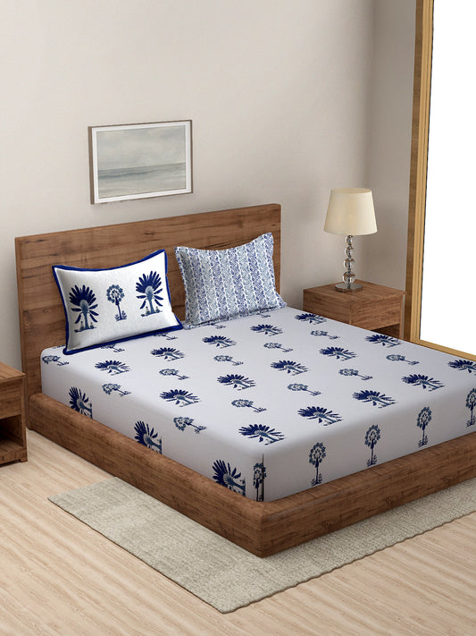 Rajasthan Decor White and Blue Floral Print Cotton King Bed Sheet with 2 Pillow Covers