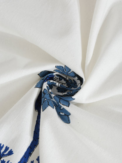Rajasthan Decor White and Blue Floral Print Cotton King Bed Sheet with 2 Pillow Covers