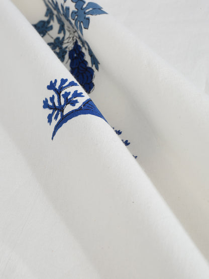 Rajasthan Decor White and Blue Floral Print Cotton King Bed Sheet with 2 Pillow Covers