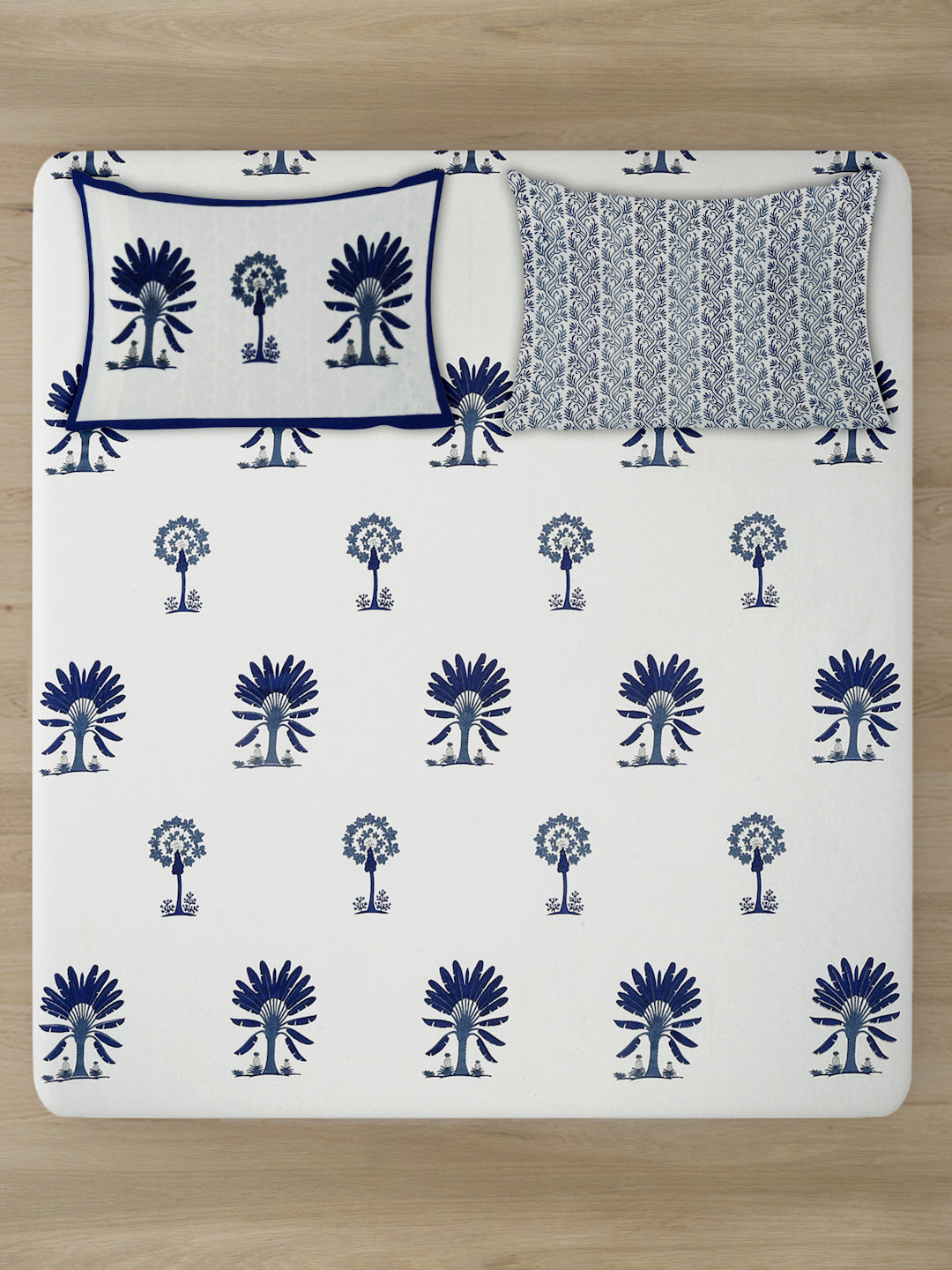 Rajasthan Decor White and Blue Floral Print Cotton King Bed Sheet with 2 Pillow Covers