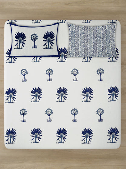Rajasthan Decor White and Blue Floral Print Cotton King Bed Sheet with 2 Pillow Covers
