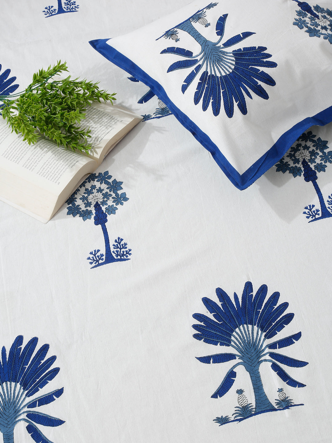 Rajasthan Decor White and Blue Floral Print Cotton King Bed Sheet with 2 Pillow Covers