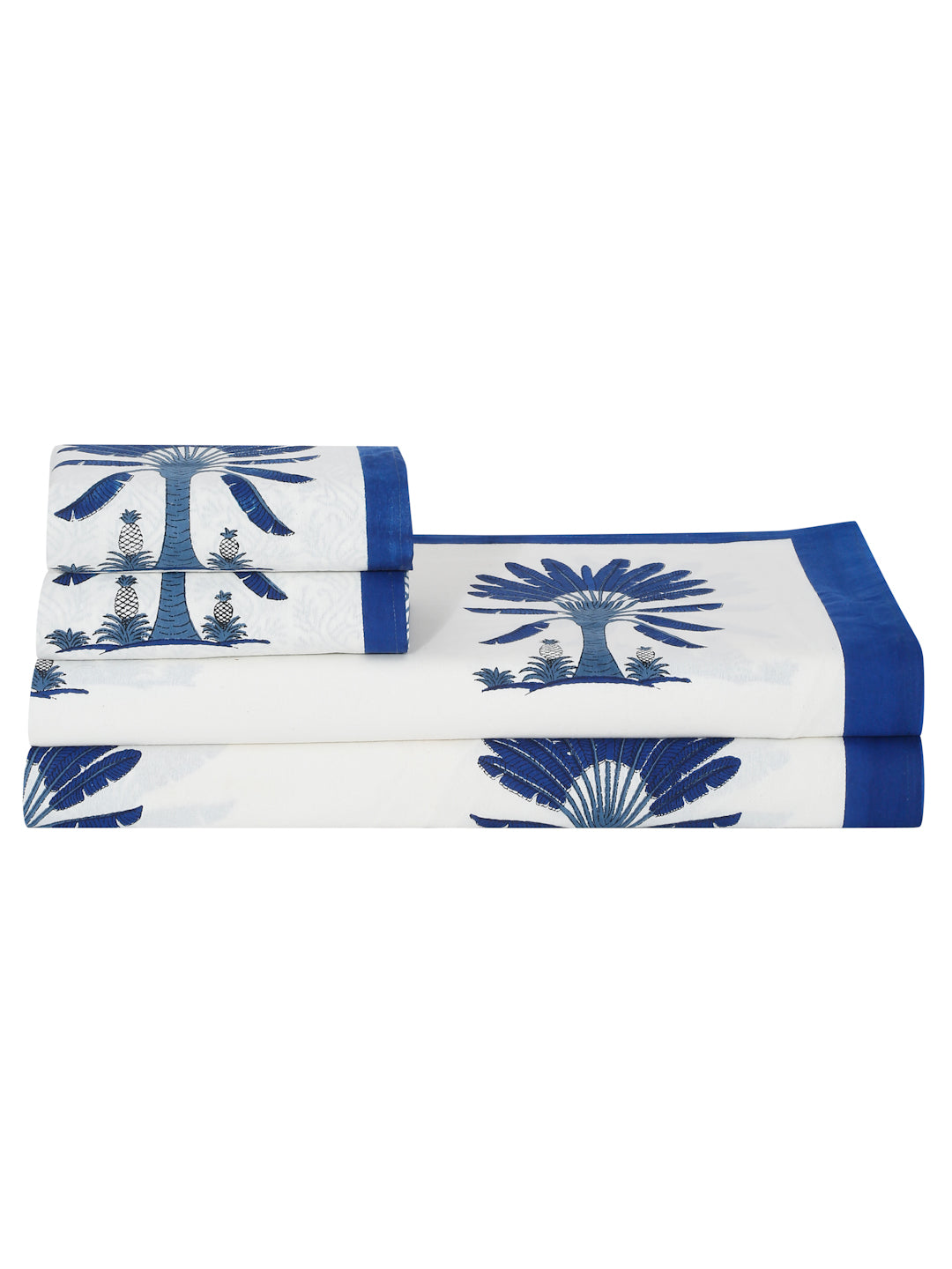 Rajasthan Decor White and Blue Floral Print Cotton King Bed Sheet with 2 Pillow Covers