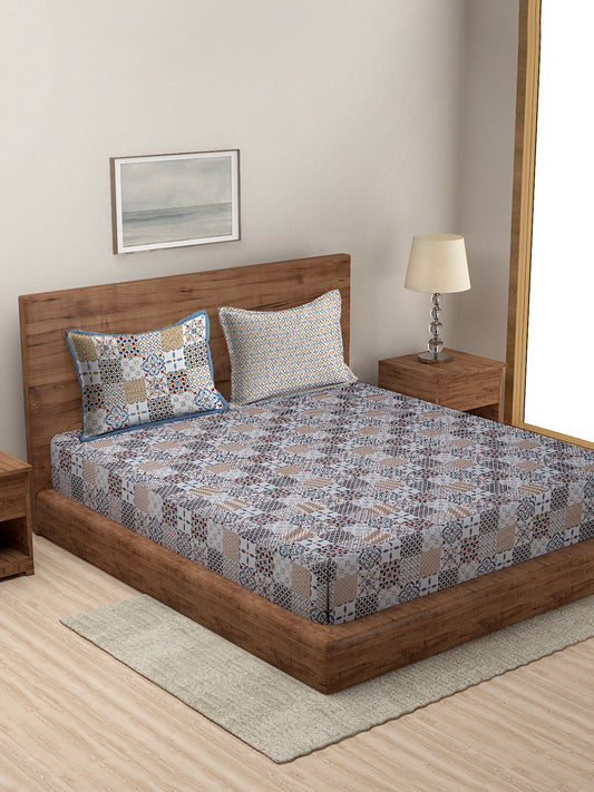 Rajasthan Decor Multi Colored Geometric Print Cotton King Bed Sheet with 2 Pillow Covers