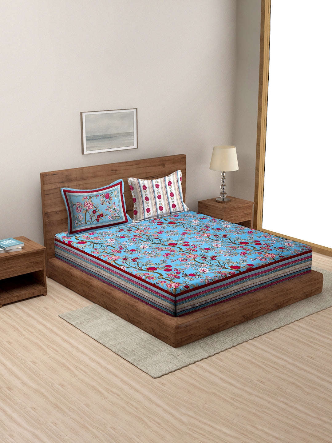 Blue Floral Print 180 TC Cotton King Bed sheet with 2 Pillow Covers