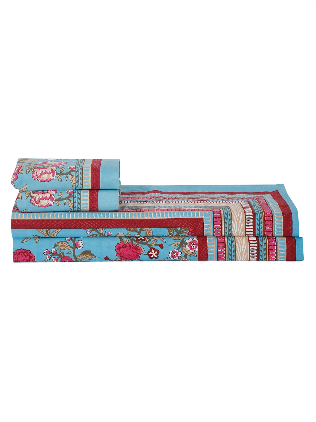 Blue Floral Print 180 TC Cotton King Bed sheet with 2 Pillow Covers