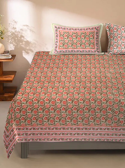 Orange Floral Print 180 TC Cotton King Bed sheet with 2 Pillow Covers