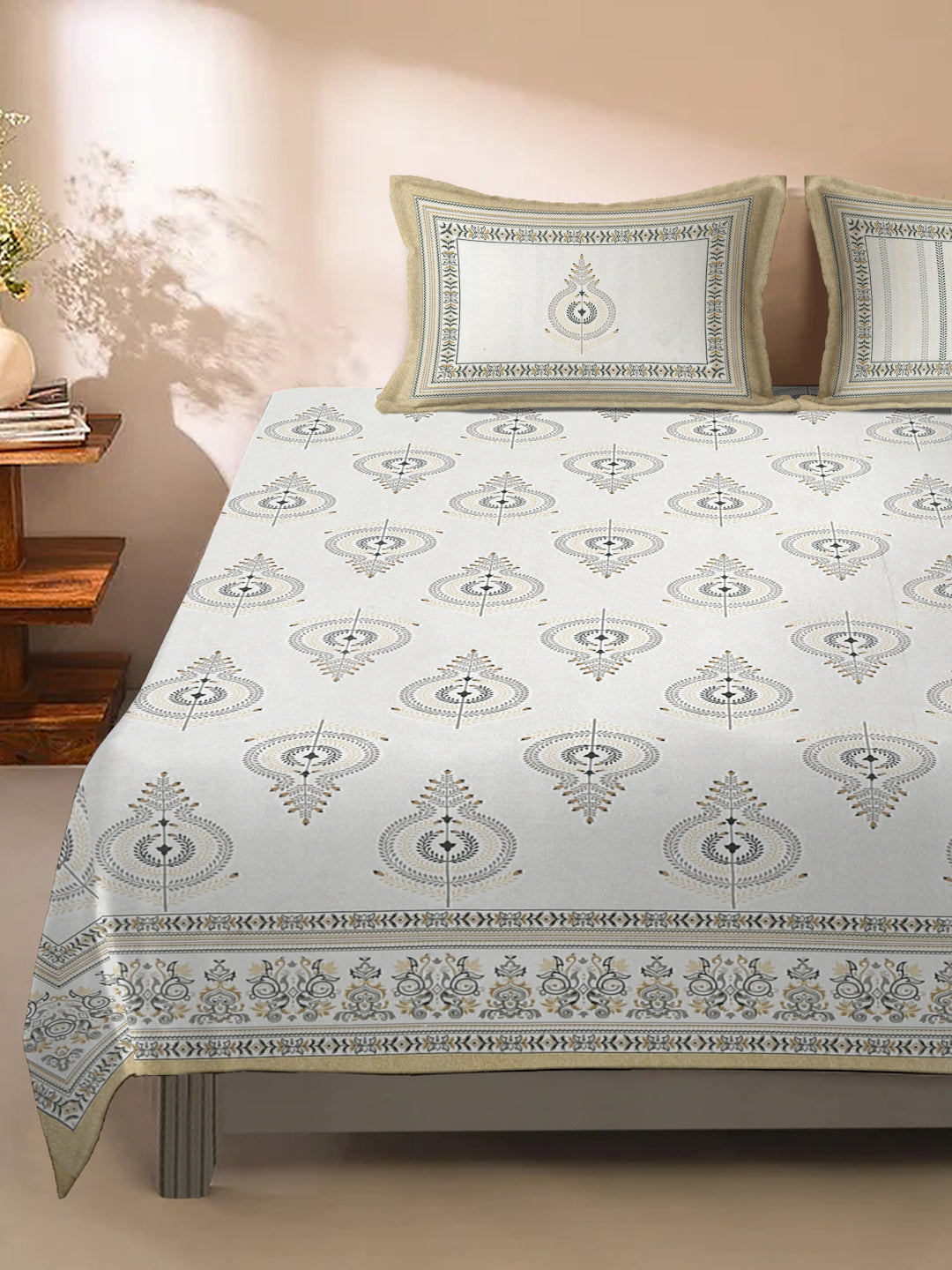 White and Yellow Ethnic Motif 180 TC Cotton Super King Bed Sheet with 2 Pillow Covers