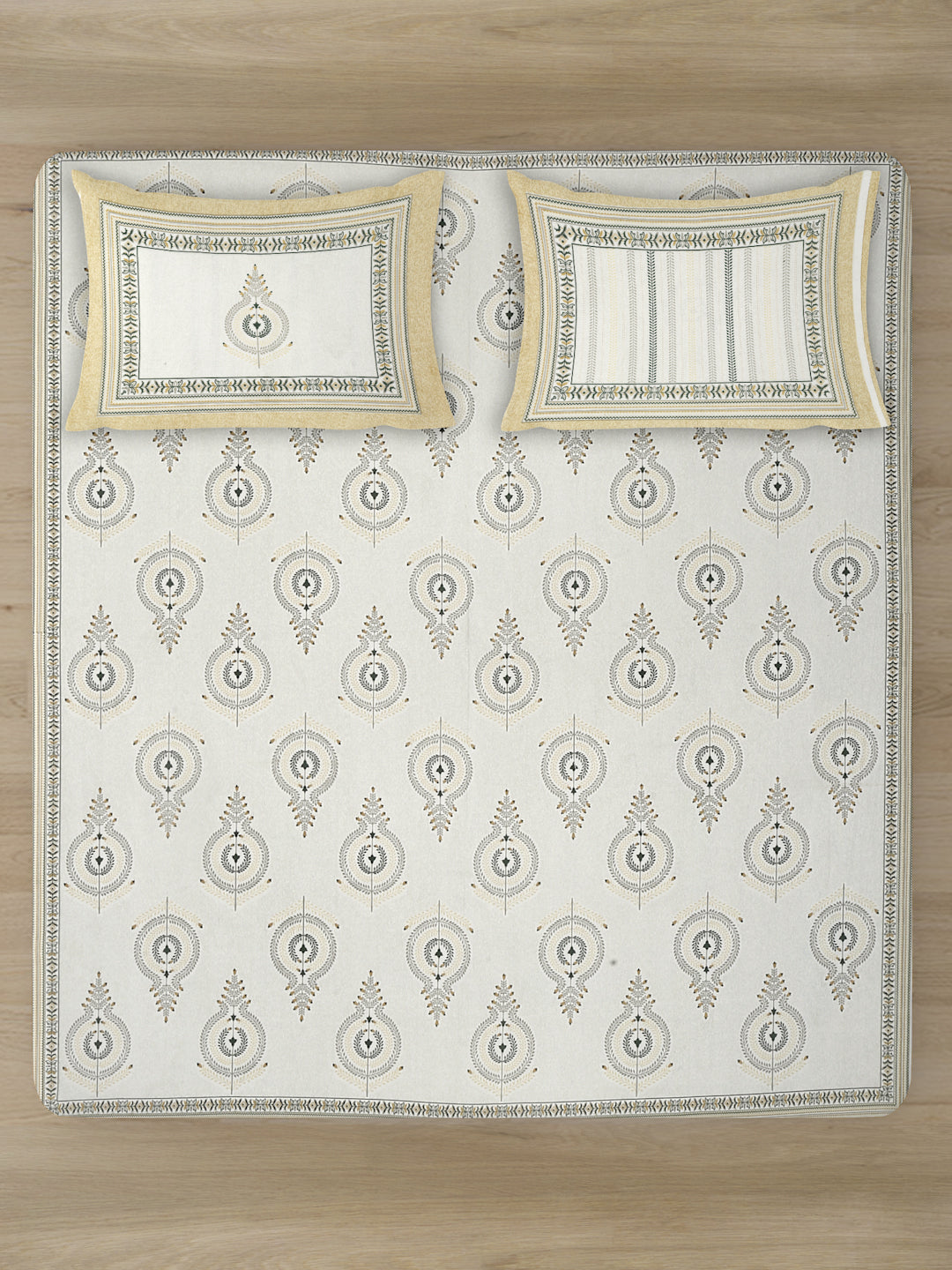 White and Yellow Ethnic Motif 180 TC Cotton Super King Bed Sheet with 2 Pillow Covers