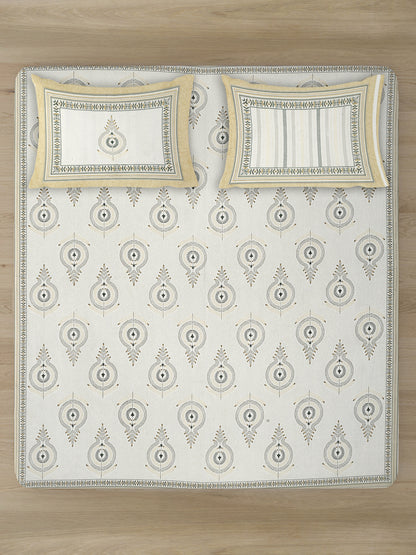 White and Yellow Ethnic Motif 180 TC Cotton Super King Bed Sheet with 2 Pillow Covers