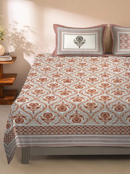 Light Grey Ethnic Motif 180 TC Cotton Super King Bed Sheet with 2 Pillow Covers