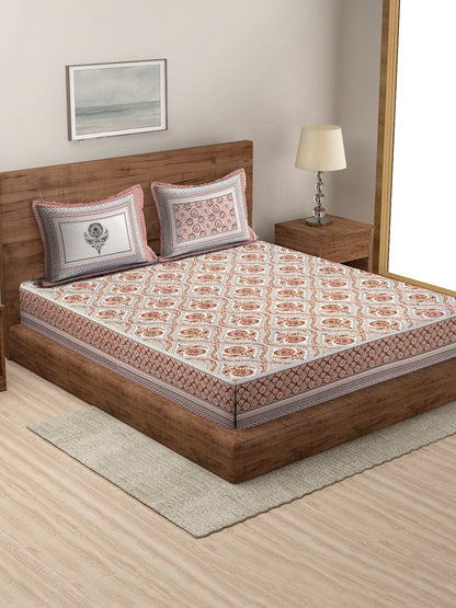 Light Grey Ethnic Motif 180 TC Cotton Super King Bed Sheet with 2 Pillow Covers