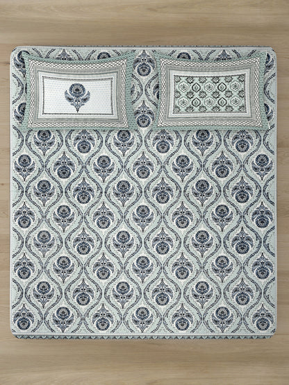 Grey and Green Ethnic Motif 180 TC Cotton Super King Bed Sheet with 2 Pillow Covers