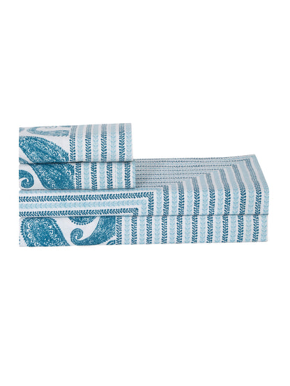 White and Turquoise Paisley Print 180 TC Cotton Double Bed Sheet with 2 Pillow Covers