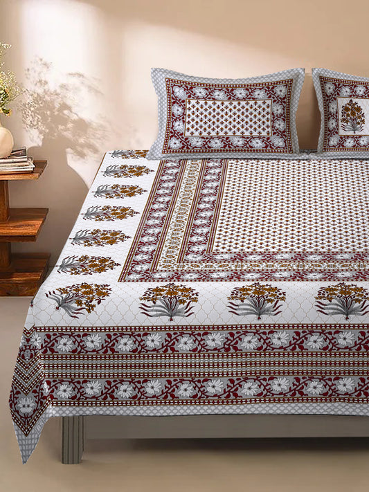 White and Grey Screen Jaipuri Indie Print 180 TC Cotton Double Bed Sheet with 2 Pillow Covers