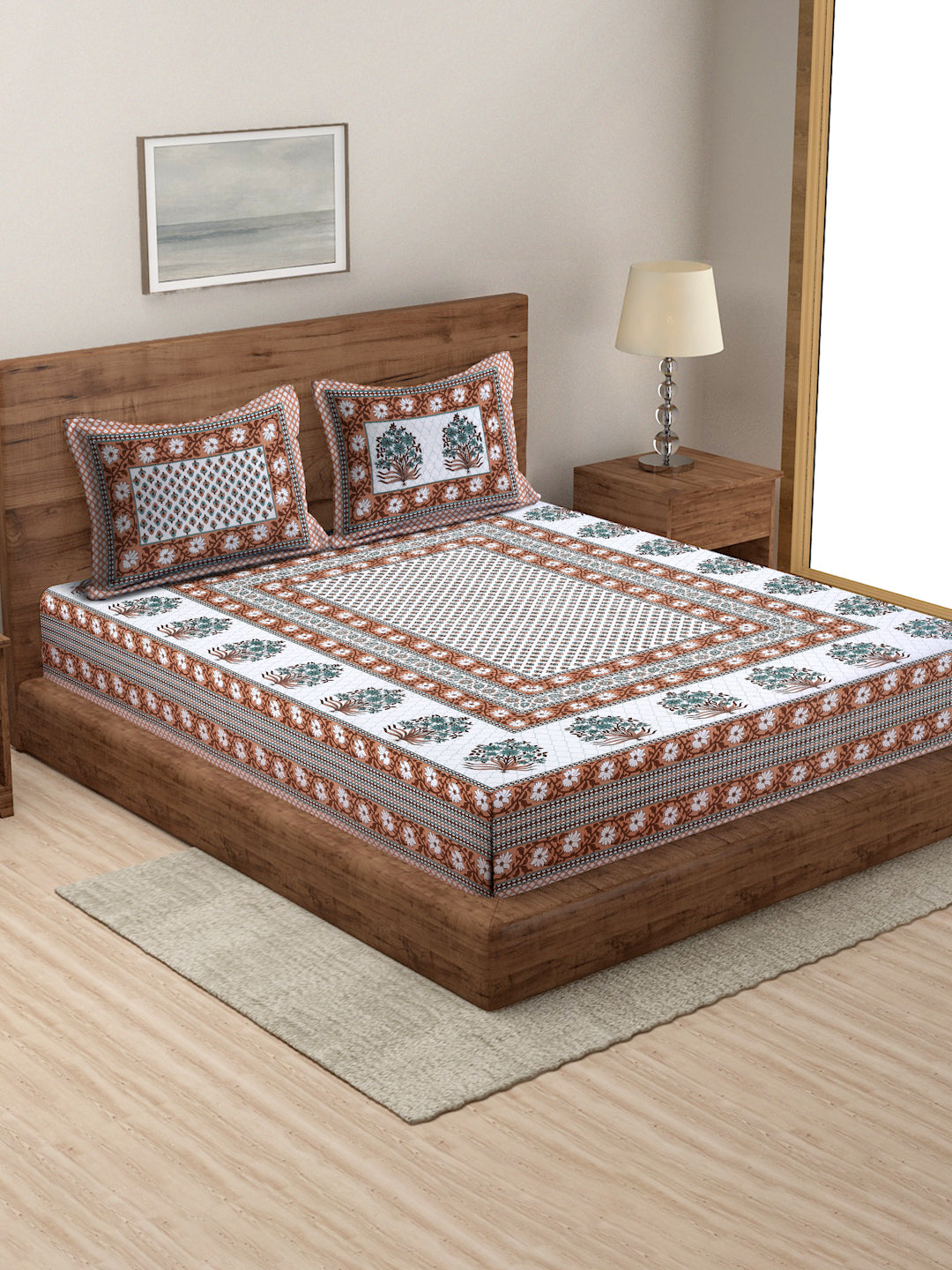 White and Copper Screen Jaipuri Indie Print 180 TC Cotton Double Bed Sheet with 2 Pillow Covers
