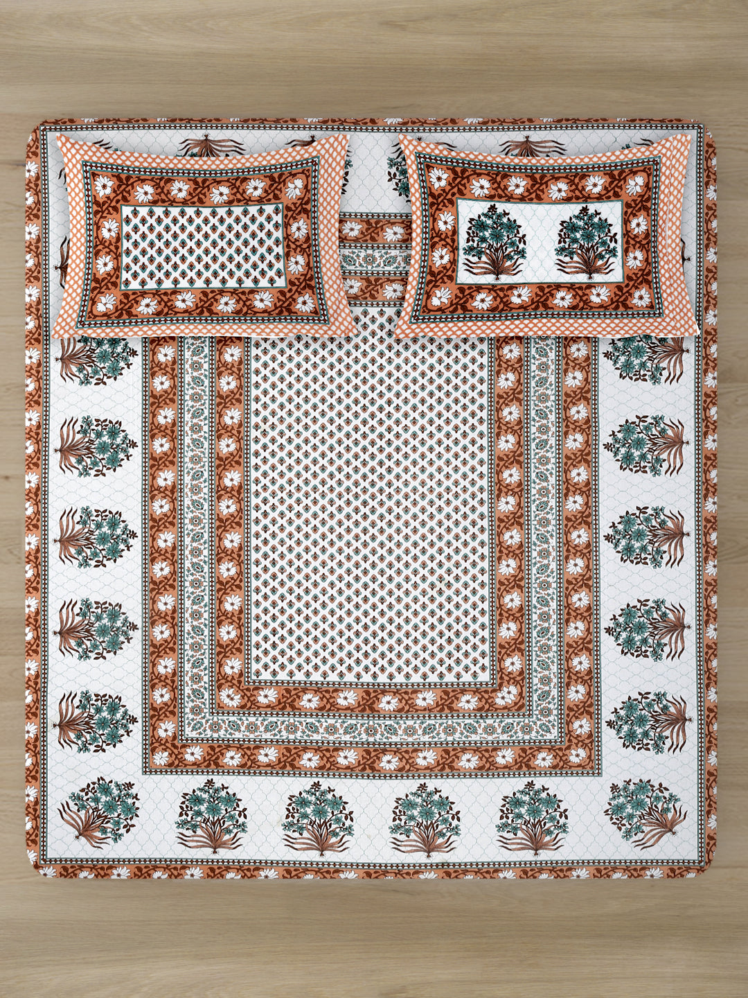 White and Copper Screen Jaipuri Indie Print 180 TC Cotton Double Bed Sheet with 2 Pillow Covers