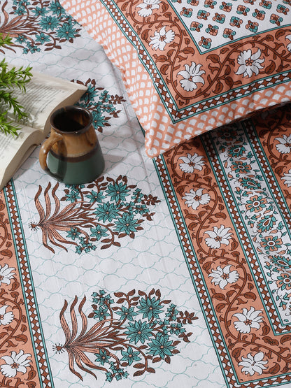 White and Copper Screen Jaipuri Indie Print 180 TC Cotton Double Bed Sheet with 2 Pillow Covers
