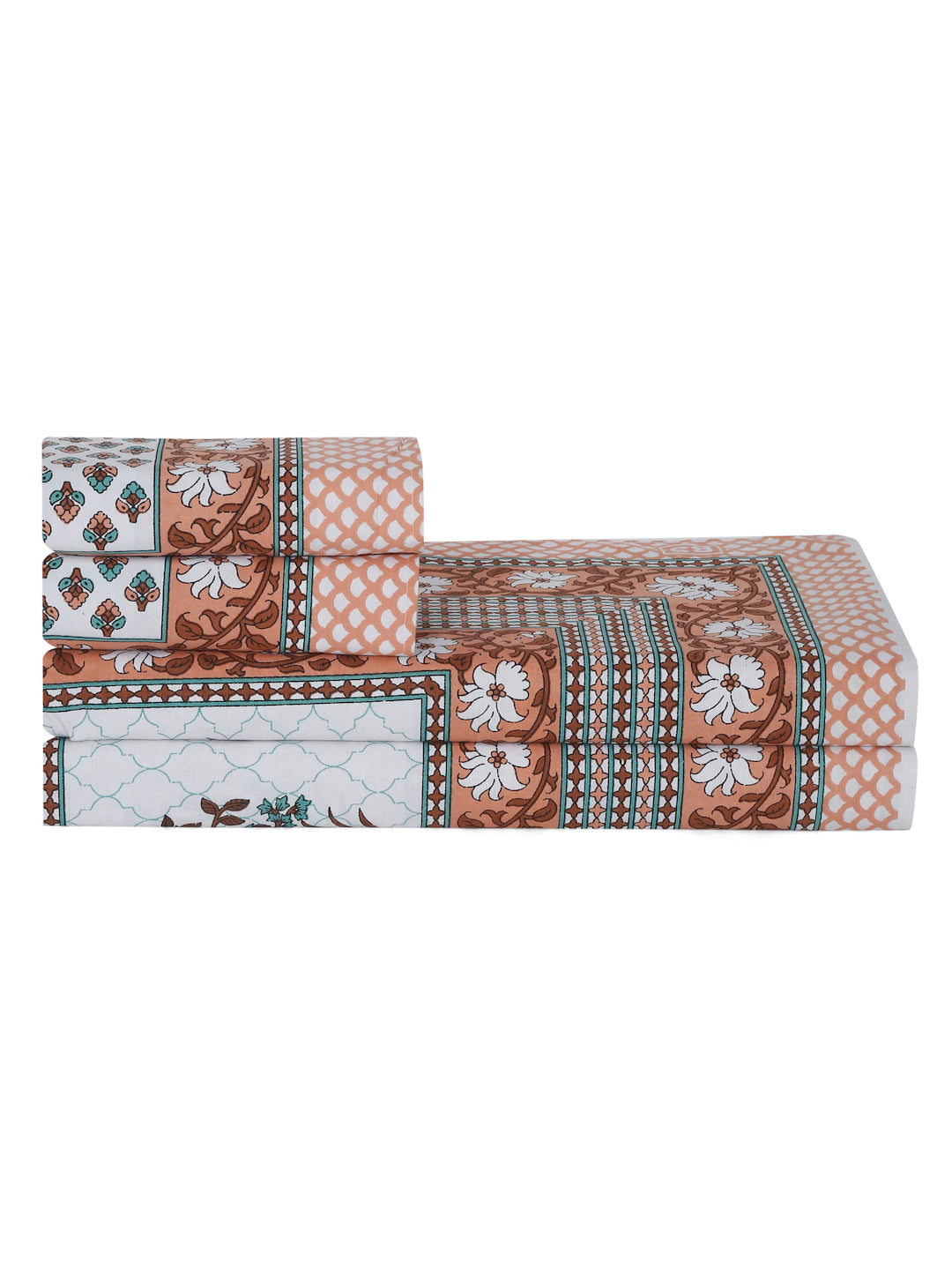 White and Copper Screen Jaipuri Indie Print 180 TC Cotton Double Bed Sheet with 2 Pillow Covers