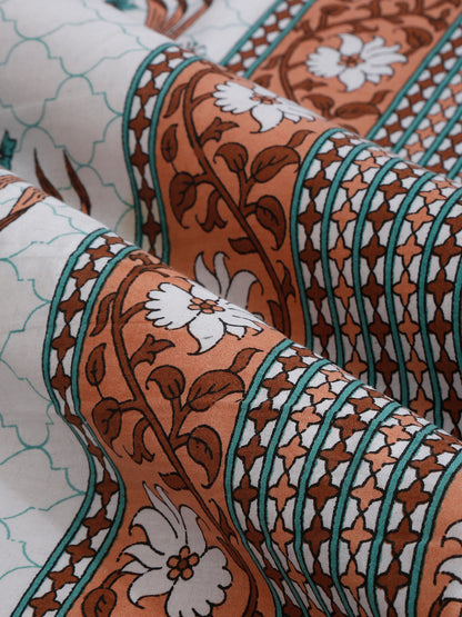 White and Copper Screen Jaipuri Indie Print 180 TC Cotton Double Bed Sheet with 2 Pillow Covers