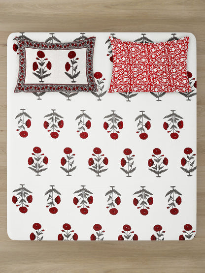 White and Red Floral Print 180 TC Cotton Double Bed Sheet with 2 Pillow Covers