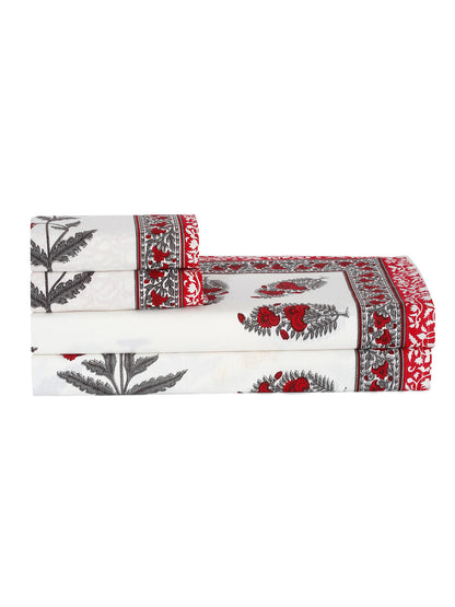 White and Red Floral Print 180 TC Cotton Double Bed Sheet with 2 Pillow Covers