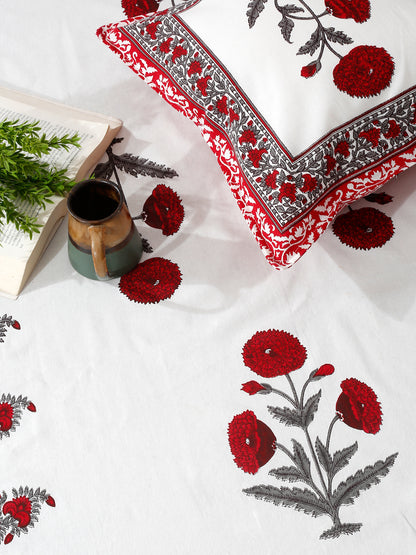 White and Red Floral Print 180 TC Cotton Double Bed Sheet with 2 Pillow Covers