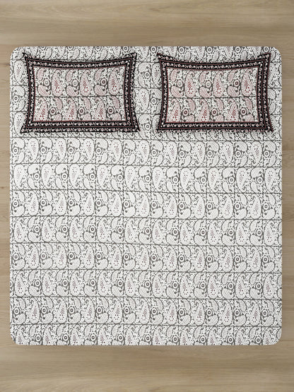 White and Grey Paisley Print 180 TC Cotton Double Bed sheet with 2 Pillow Covers