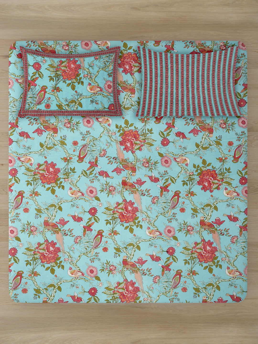 Sky Blue Floral Print 180 TC Cotton Double Bed Sheet with 2 Pillow Covers