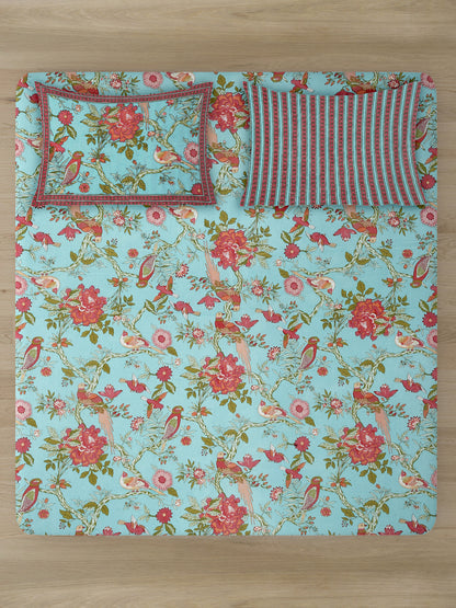 Sky Blue Floral Print 180 TC Cotton Double Bed Sheet with 2 Pillow Covers