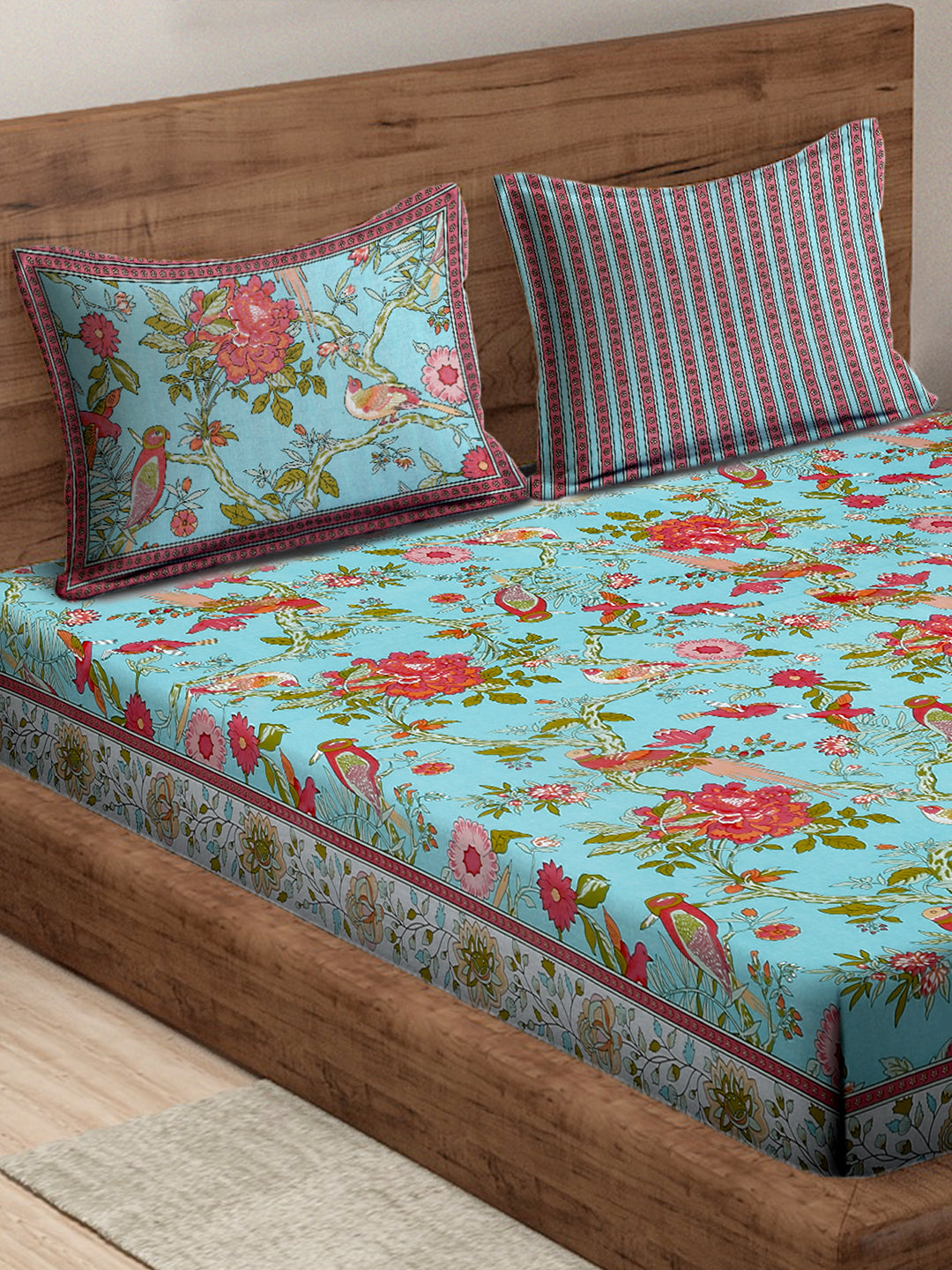 Sky Blue Floral Print 180 TC Cotton Double Bed Sheet with 2 Pillow Covers
