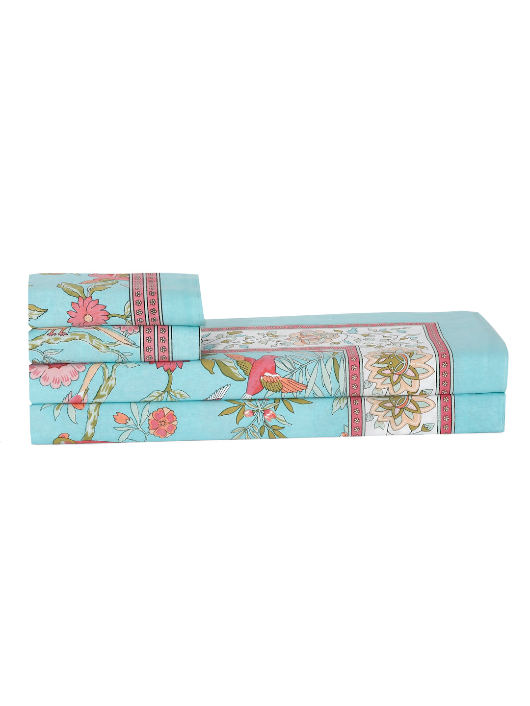Sky Blue Floral Print 180 TC Cotton Double Bed Sheet with 2 Pillow Covers
