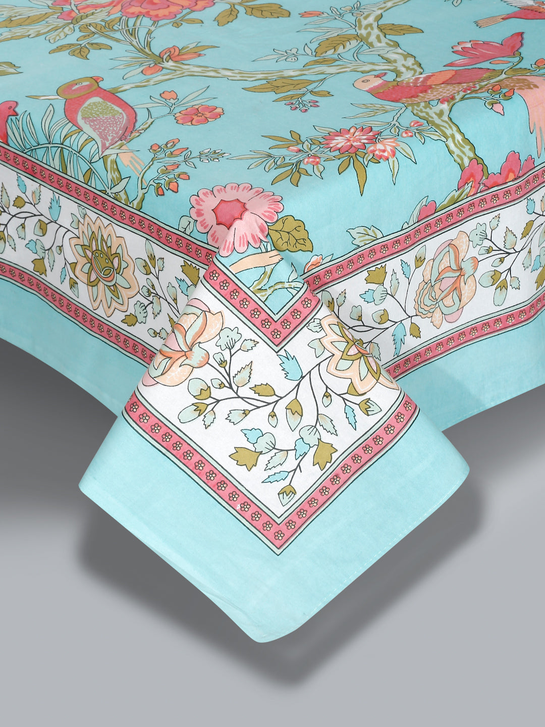 Sky Blue Floral Print 180 TC Cotton Double Bed Sheet with 2 Pillow Covers
