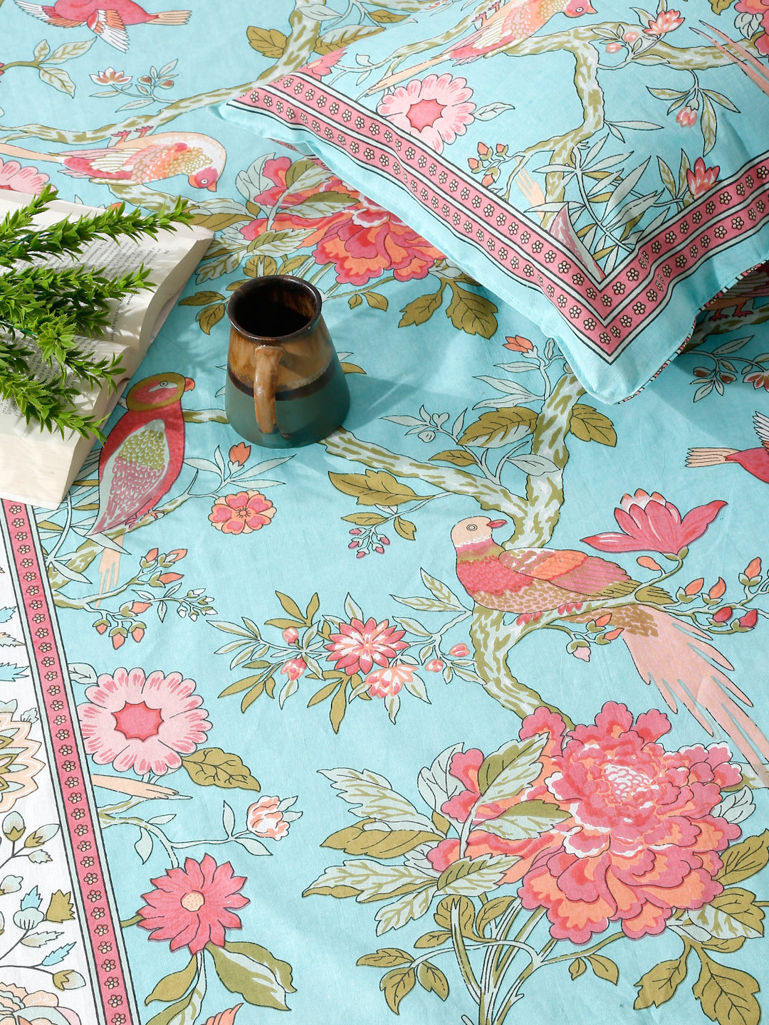 Sky Blue Floral Print 180 TC Cotton Double Bed Sheet with 2 Pillow Covers