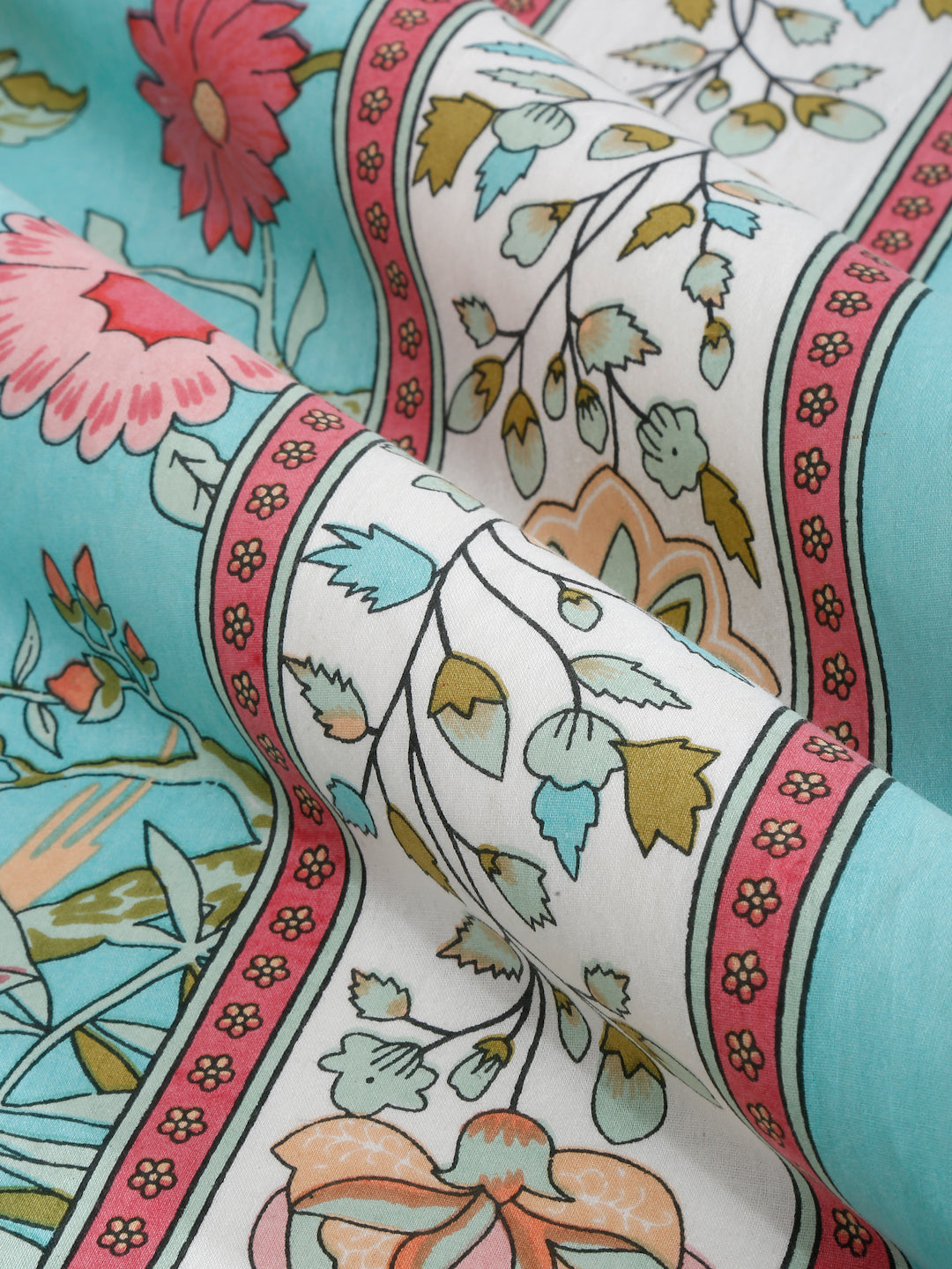 Sky Blue Floral Print 180 TC Cotton Double Bed Sheet with 2 Pillow Covers