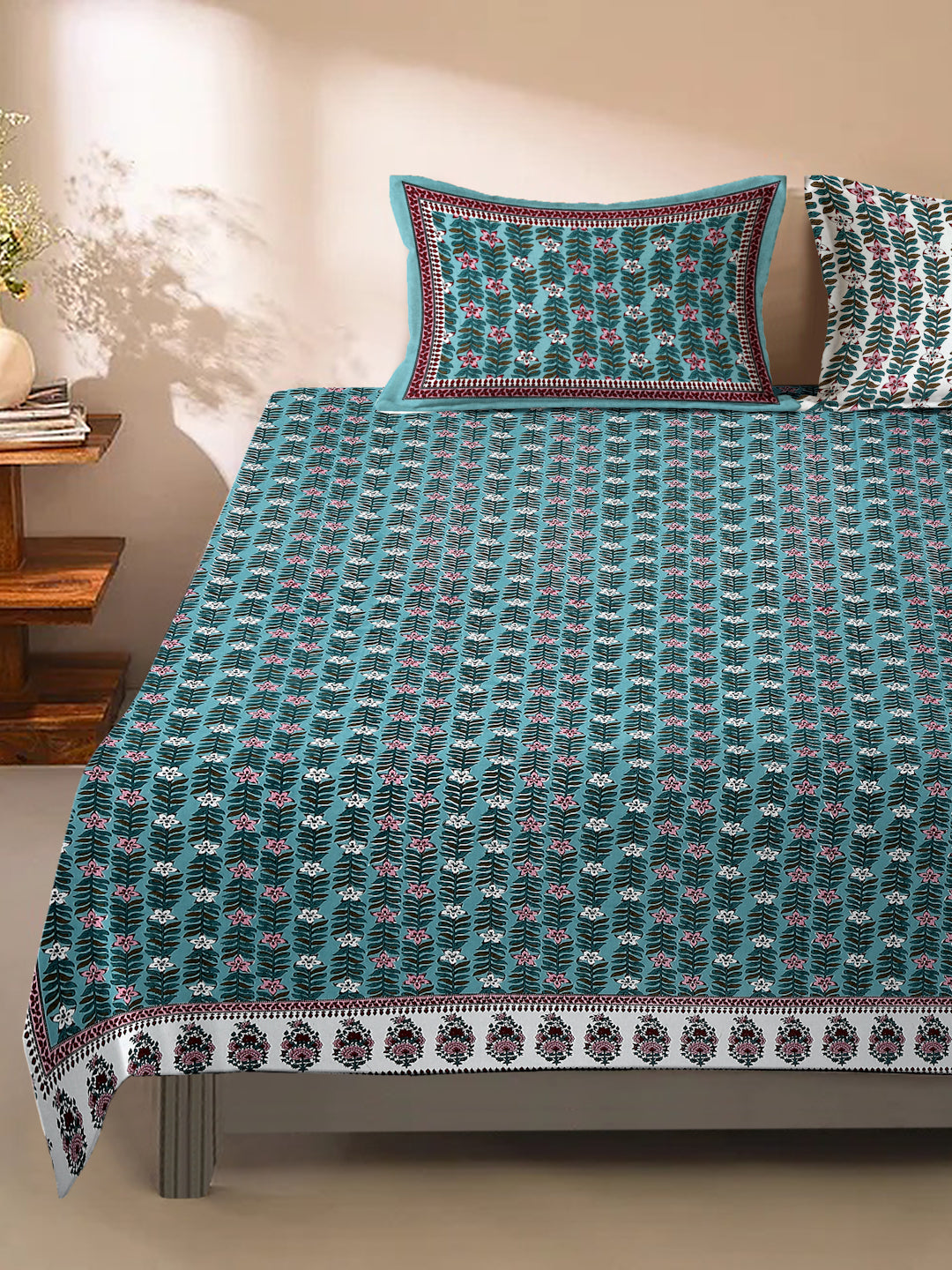 Sea Green Floral Print 180 TC King Size Bed Sheet with 2 Pillow Covers