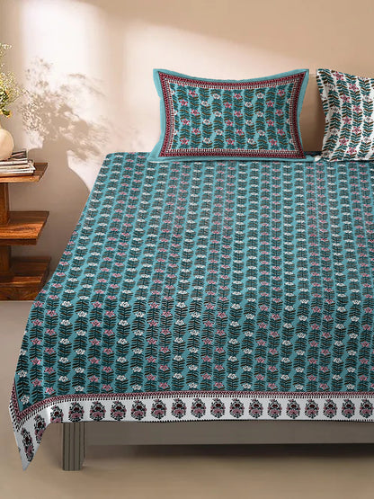 Sea Green Floral Print 180 TC King Size Bed Sheet with 2 Pillow Covers