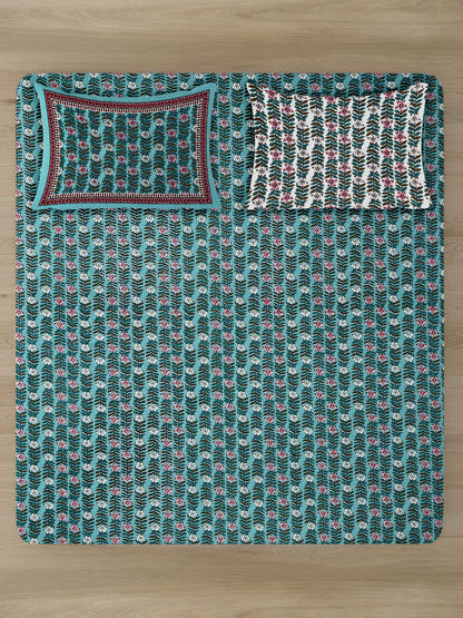 Sea Green Floral Print 180 TC King Size Bed Sheet with 2 Pillow Covers