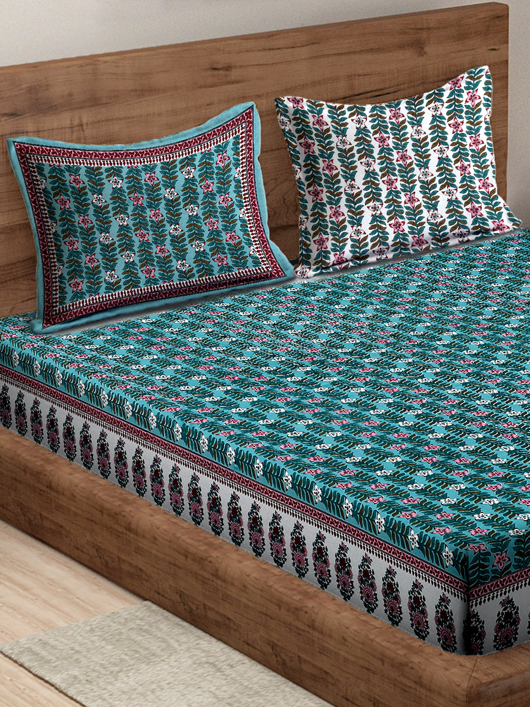 Sea Green Floral Print 180 TC King Size Bed Sheet with 2 Pillow Covers
