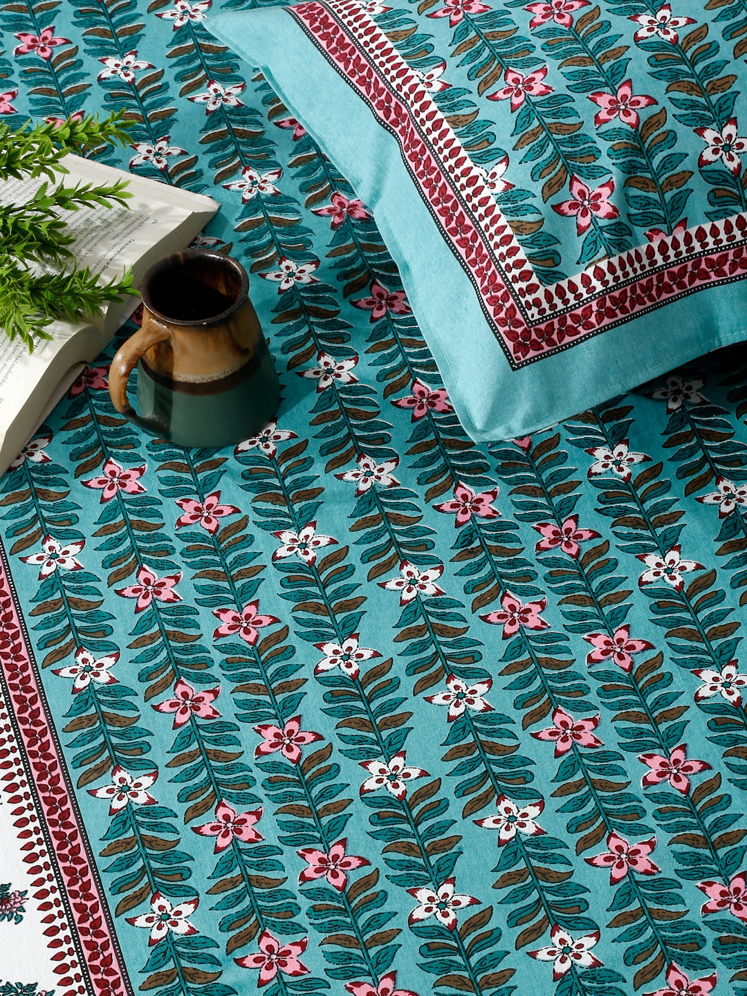 Sea Green Floral Print 180 TC King Size Bed Sheet with 2 Pillow Covers
