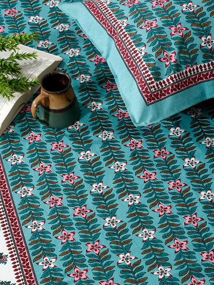 Sea Green Floral Print 180 TC King Size Bed Sheet with 2 Pillow Covers