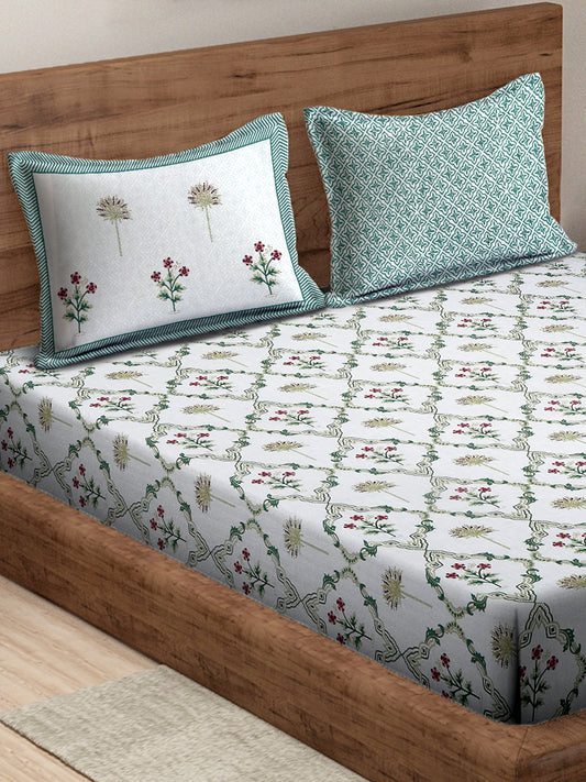White and Green Floral Print 180 TC Super King Bed Sheet with 2 Pillow Covers