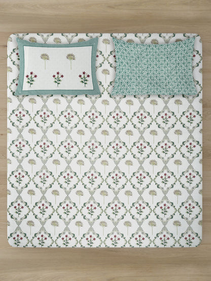 White and Green Floral Print 180 TC Super King Bed Sheet with 2 Pillow Covers