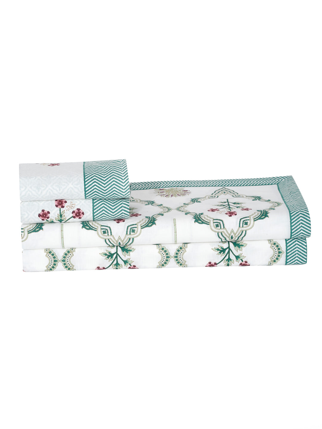 White and Green Floral Print 180 TC Super King Bed Sheet with 2 Pillow Covers