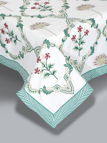 White and Green Floral Print 180 TC Super King Bed Sheet with 2 Pillow Covers
