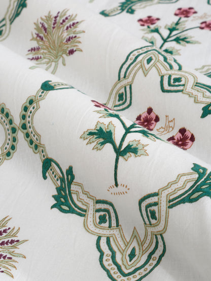 White and Green Floral Print 180 TC Super King Bed Sheet with 2 Pillow Covers